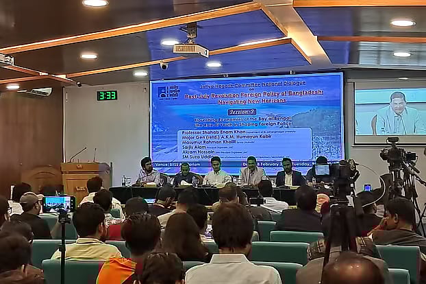 Jatiya Nagorik Committee chief coordinator Sarjis Alam addresses  a national dialogue at the Bangladesh Institute of International and Strategic Studies auditorium in the capital on Tuesday