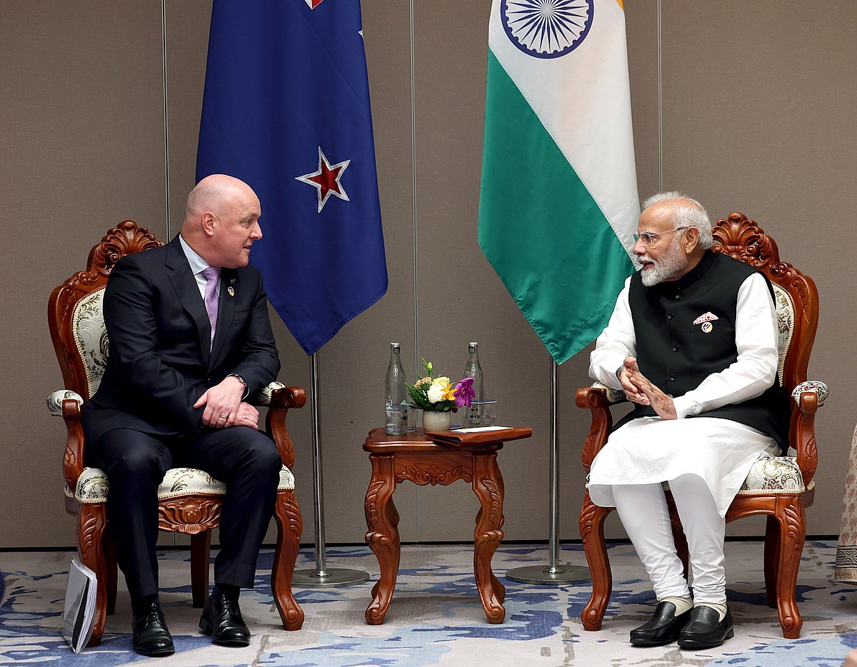 India Prime Minister Narendra Modi holds a bilateral meeting with Prime Minister of New Zealand, Christopher Luxon, on the sidelines of the 21st ASEAN-India Summit, in Vientiane on 10 October 2024.