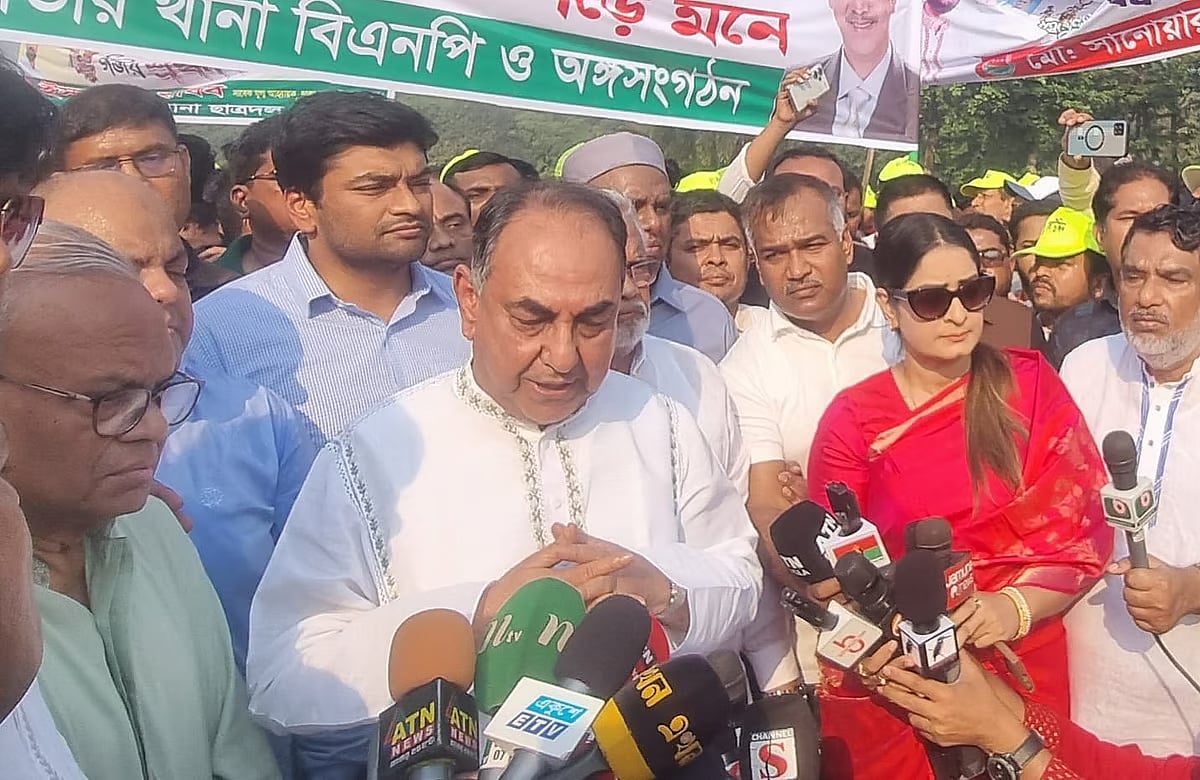 BNP standing committee member Mirza Abbas talks to the media after placing wreaths at the National Memorial in Savar commemorating the martyrs of Liberation War on the Independence Day, 26 March 2025