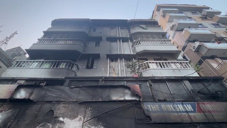 The house that caught fire on Nazimuddin road in Dhaka on 7 April 2025.