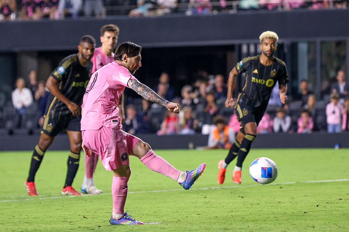 Inter Miami's Argentine forward #10 Lionel Messi score a penalty in the second half of the CONCACAF Champions Cup Quartefinal football match between Inter Miami and LAFC at Chase Stadium in Fort Lauderdale, Florida on 9 April, 2025