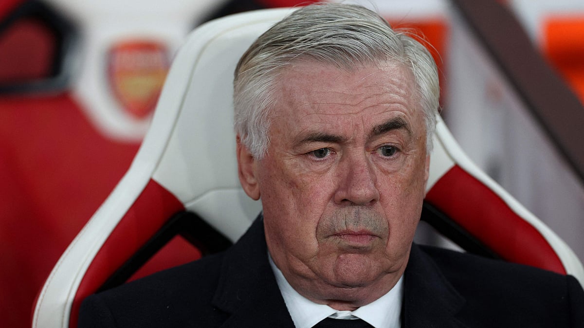 Real Madrid's Italian coach Carlo Ancelotti looks on before the UEFA Champions League Quarter final first leg football match between Arsenal and Real Madrid, at the Emirates Stadium, in London, on 8 April, 2025