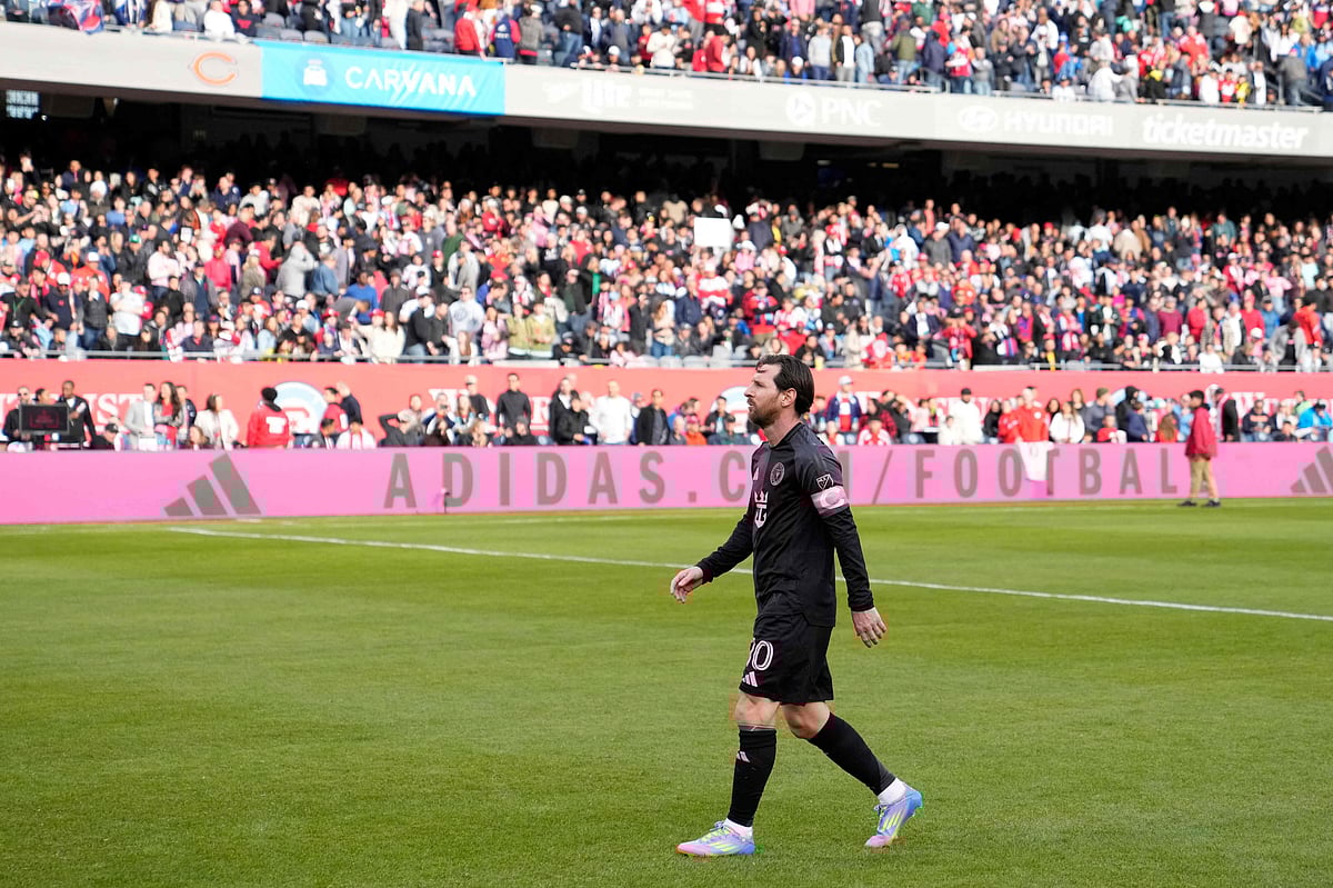 Lionel Messi #10 of Inter Miami CF reacts after the MLS match between Chicago Fire FC and Inter Miami CF at Soldier Field on 13 April 2025 in Chicago, Illinois