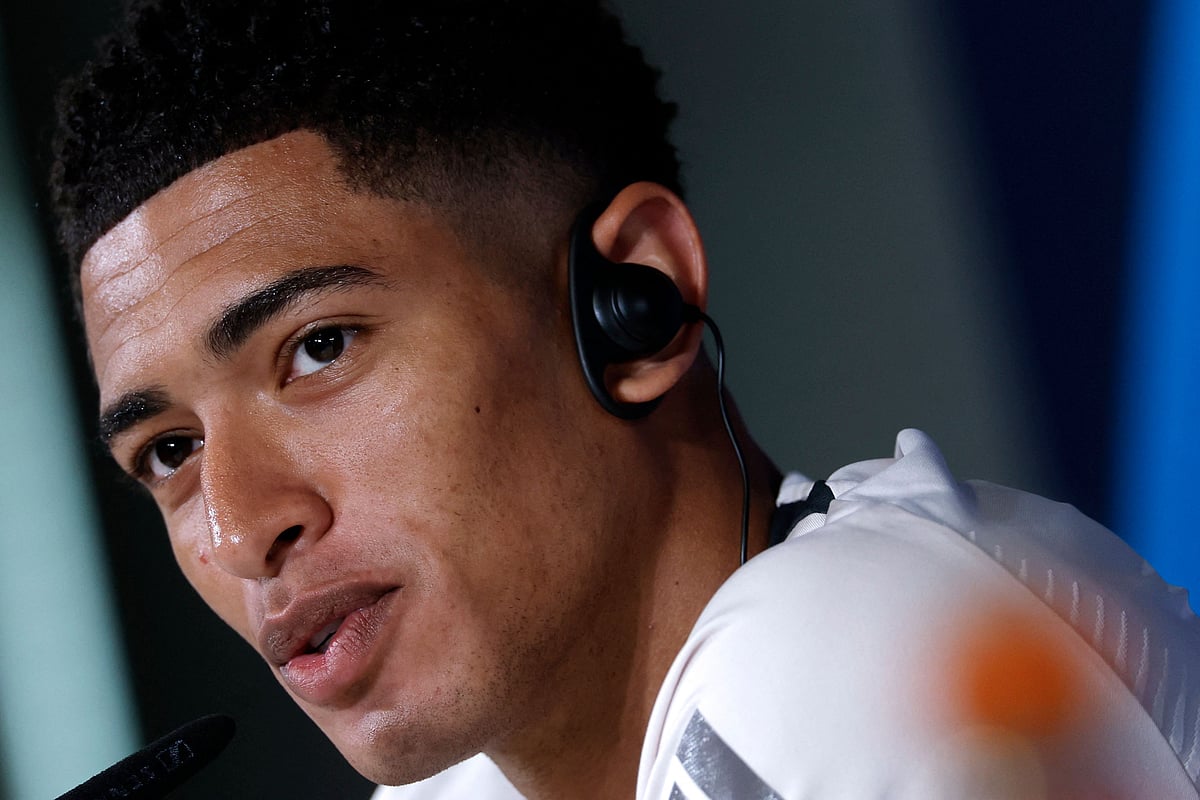 Real Madrid's English midfielder #05 Jude Bellingham holds a press conference at Real Madrid Sports City in Valdebebas, in the outskirts of Madrid on 15 April, 2025, on the eve of the UEFA Champions League quarter final second leg football match between Real Madrid CF and Arsenal