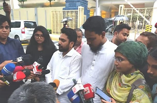 NCP Convener Nahid Islam talks to the media after a meeting with the visiting US Deputy Assistant Secretary for the Bureau of South and Central Asian Affairs (SCA) Nicole Ann Chulick held at the residence of the US Deputy Head of Mission of the US to Dhaka on 16 April 2025