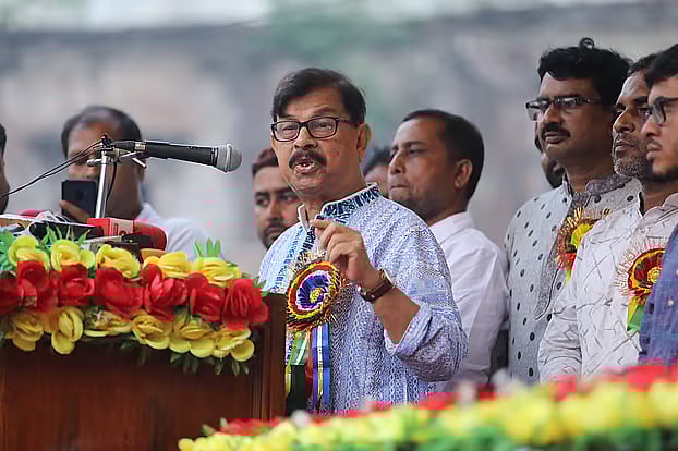 Nagorik Oikya president Mahmudur Rahman Manna speaks at a rally.
