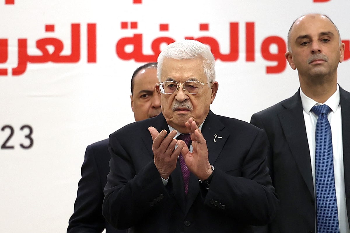 Palestinian Authority President Mahmoud Abbas attends the 32nd Palestinian Liberation Organization (PLO) Central Council session in Ramallah on 23 April 2025