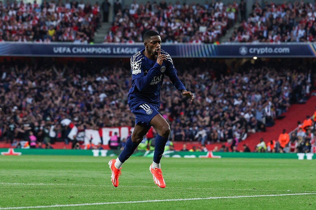 Paris Saint-Germain’s French forward #10 Ousmane Dembele celebrates after scoring his team first goal during the UEFA Champions League Semi-final First Leg football match between Arsenal and Paris Saint-Germain (PSG) at the Emirates Stadium in north London, on 29 April 2025