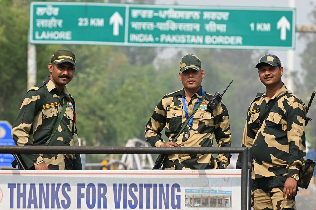 Indian Border Security Force (BSF) soldiers stand guard near the India-Pakistan Wagah border post, about 35kms from Amritsar on 1 May 2025.