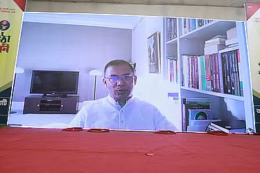 Tarique Rahman speaks virtually at the founding anniversary programme of the AB Party at the national press club in Dhaka on 2 May, 2025.