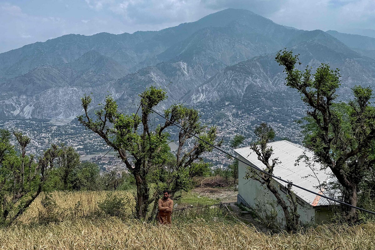 A villager walks through a wheat field during a government organised trip for media to a village near Muzaffarabad, the capital of Pakistan administered Kashmir on 5 May 2025.