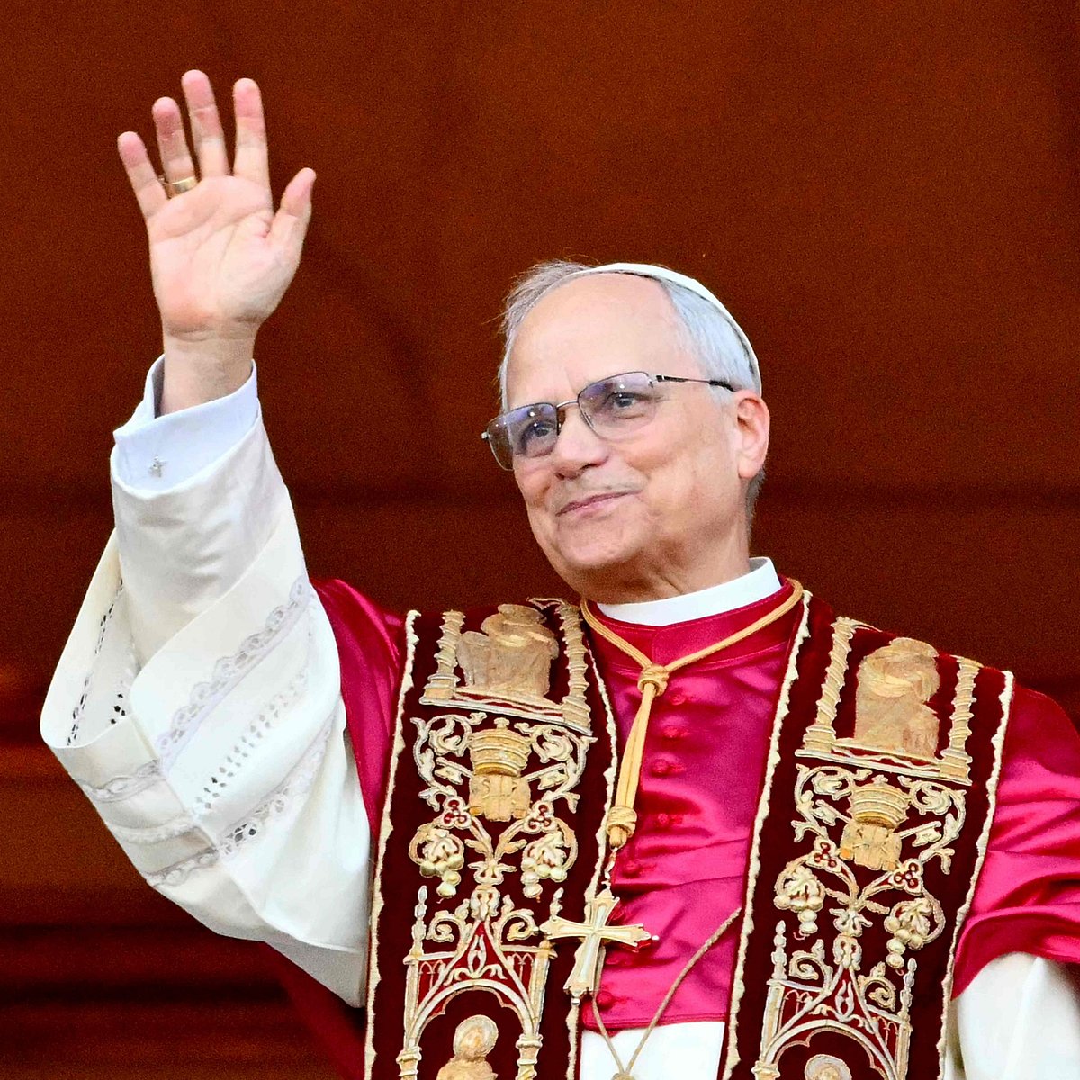 Newly elected Pope Leo XIV, Robert Prevost addresses the crowd from the main central loggia balcony of the St Peter's Basilica for the first time, after the cardinals ended the conclave, in The Vatican, on 8 May , 2025