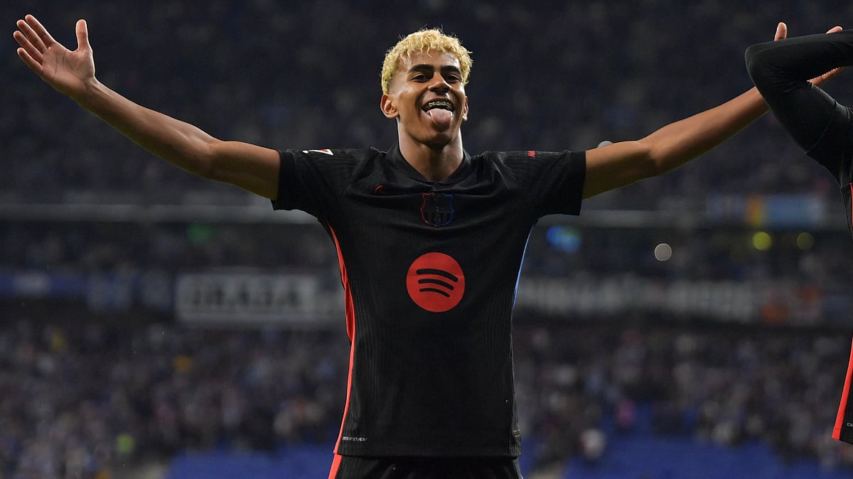 Barcelona's Spanish forward #19 Lamine Yamal celebrates scoring his team's first goal during the Spanish league football match between RCD Espanyol and FC Barcelona at the RCDE Stadium in Cornella de Llobregat, on 15 May, 2025