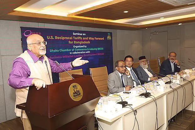 Debapriya Bhattacharya speaks at a seminar on US reciprocal tariffs in Dhaka on 17 May, 2025.