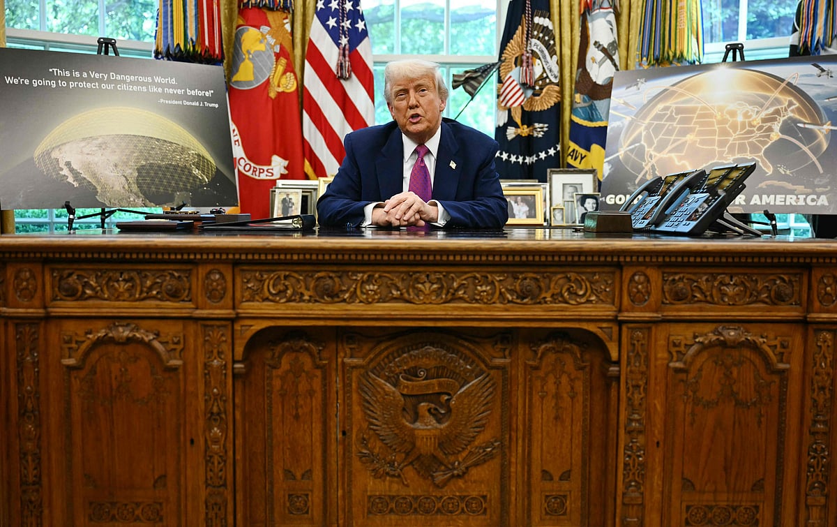 US President Donald Trump speaks during an announcement about the Golden Dome missile defense shield, in the Oval Office of the White House on 20 May 2025, in Washington, DC