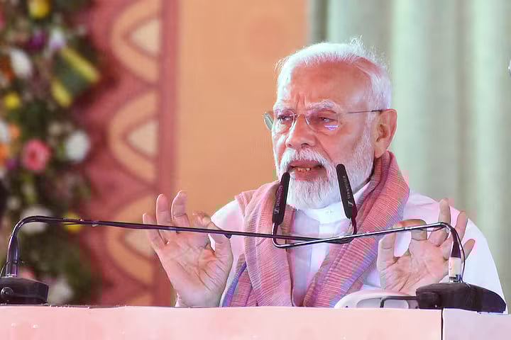 India's Prime Minister Narendra Modi addresses a rally in Madhubani in the eastern state of Bihar, India, 24 April, 2025.
