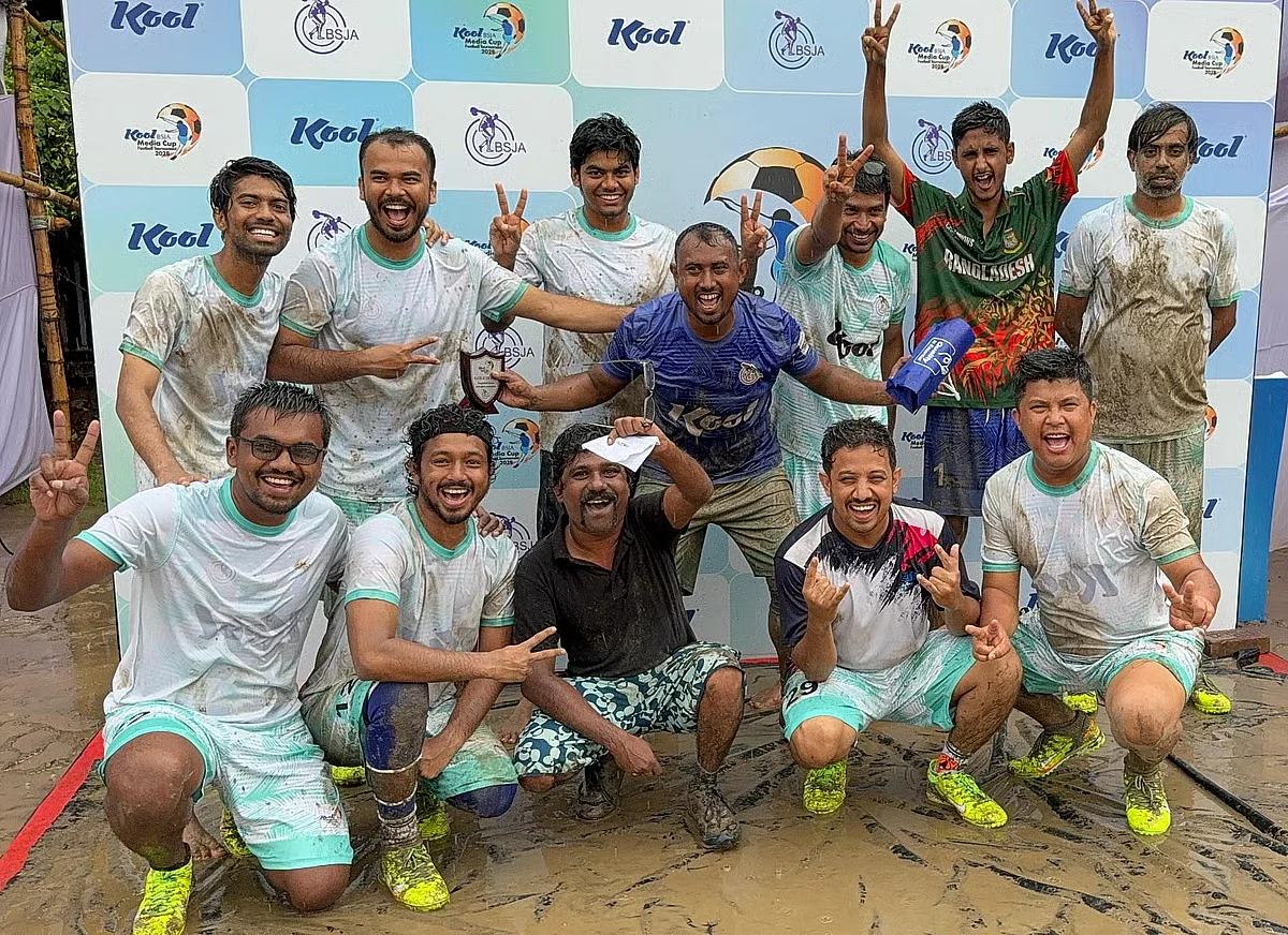 Prothom Alo team celebrates after their win against News 24 in Kool BSJA Media Cup Football tournament on 29 May 2025.