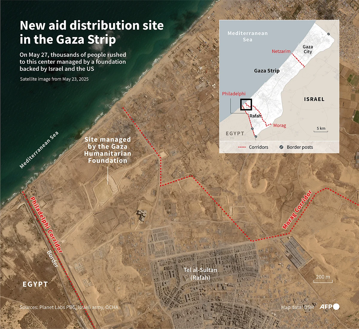 Infographic with satellite image from Planet Labs PBC on 23 May, 2025, showing a new aid distribution site in the south of the Gaza Strip, managed by the Gaza Humanitarian Foundation