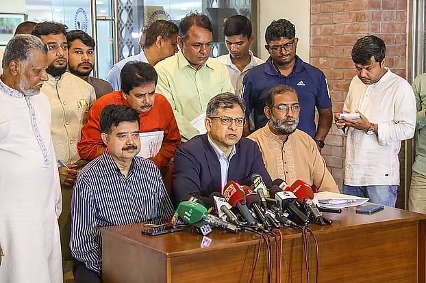 Salahuddin Ahmed speaks to the media after a meeting with the national consensus commission on 3 June 2025.