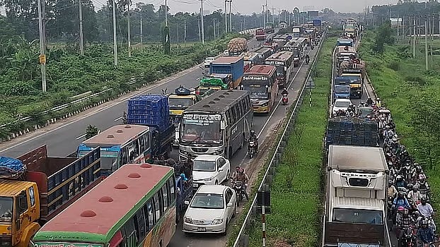 The pressure of vehicles due to the Eid journey has led to a 25-kilometre tailback along the Dhaka-Tangail-Jamuna Bridge highway
