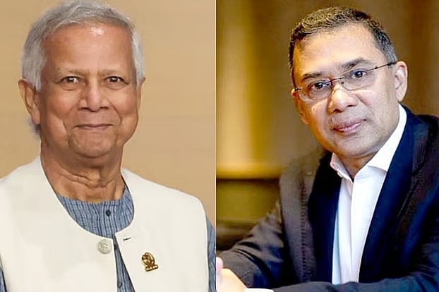 Chief advisor of the interim government Professor Muhammad Yunus (L) and BNP's acting Chairman Tarique Rahman (R)