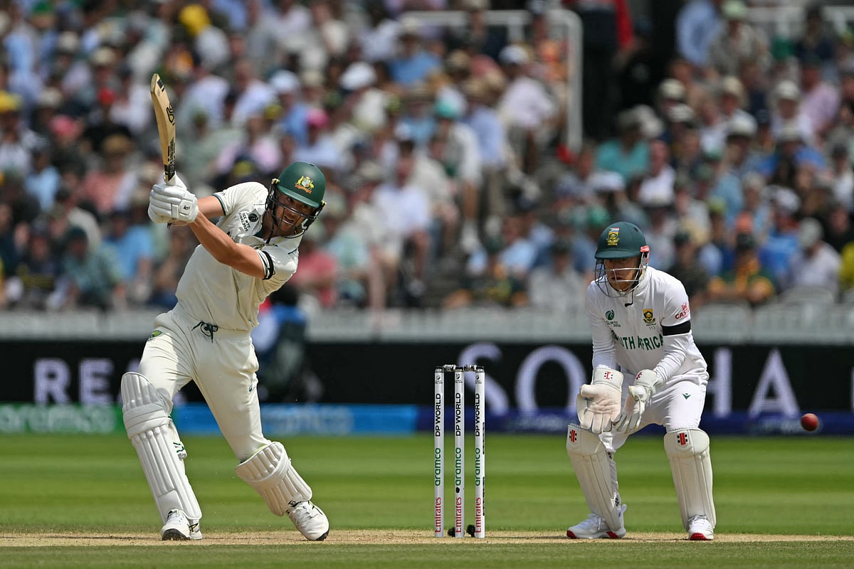 Australia's Josh Hazlewood plays a shot as South Africa's Kyle Verreynne keeps wicket on day three of the ICC World Test Championship cricket final match between Australia and South Africa, at Lord's cricket ground, in London, on 13 June, 2025.