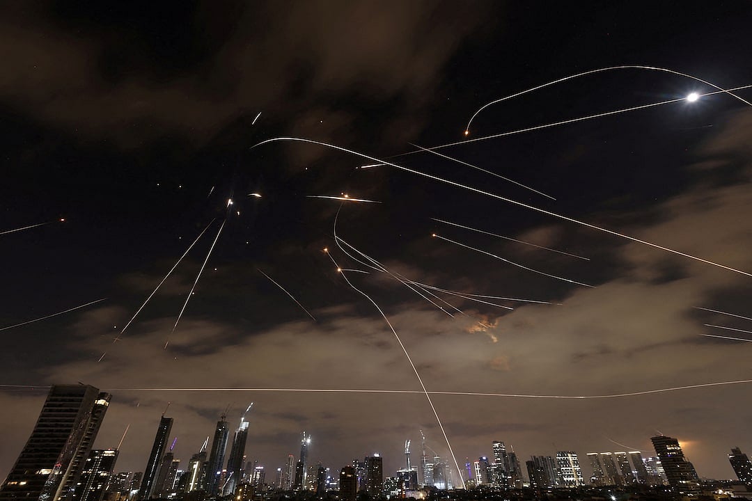 Missiles launched from Iran are intercepted as seen from Tel Aviv, Israel, 16 June, 2025.