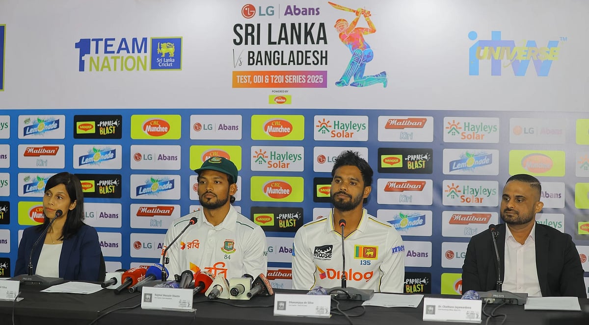 Bangladesh captain Najmul Hossain Shanto (2nd left) talks to the media at a press conference on 16 June 2025