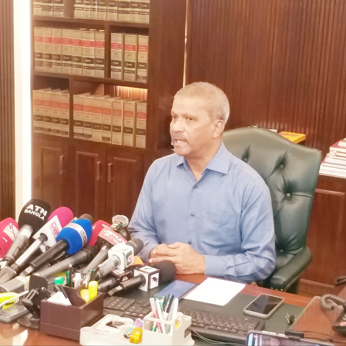 Asif Nazrul, the law, justice, and parliamentary affairs adviser, speaks to reporters in  his office at the Bangladesh Secretariat on 16 June 2025