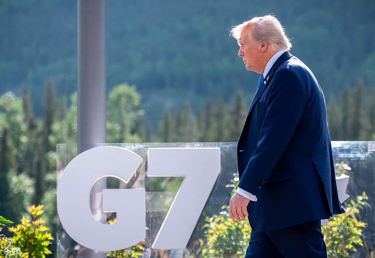 US President Donald Trump arrives for a family photo during the Group of Seven (G7) Summit at the Kananaskis Country Golf Course in Kananaskis, Alberta, Canada on 16 June 2025