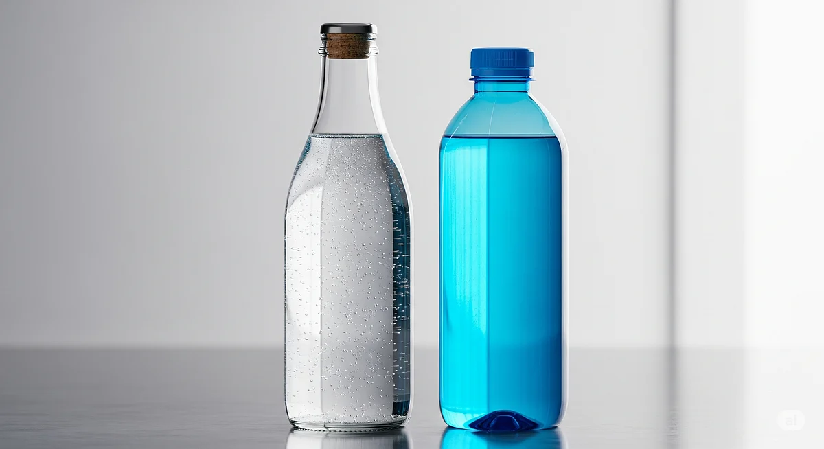 AI generated image of bottled glass and plastic water.