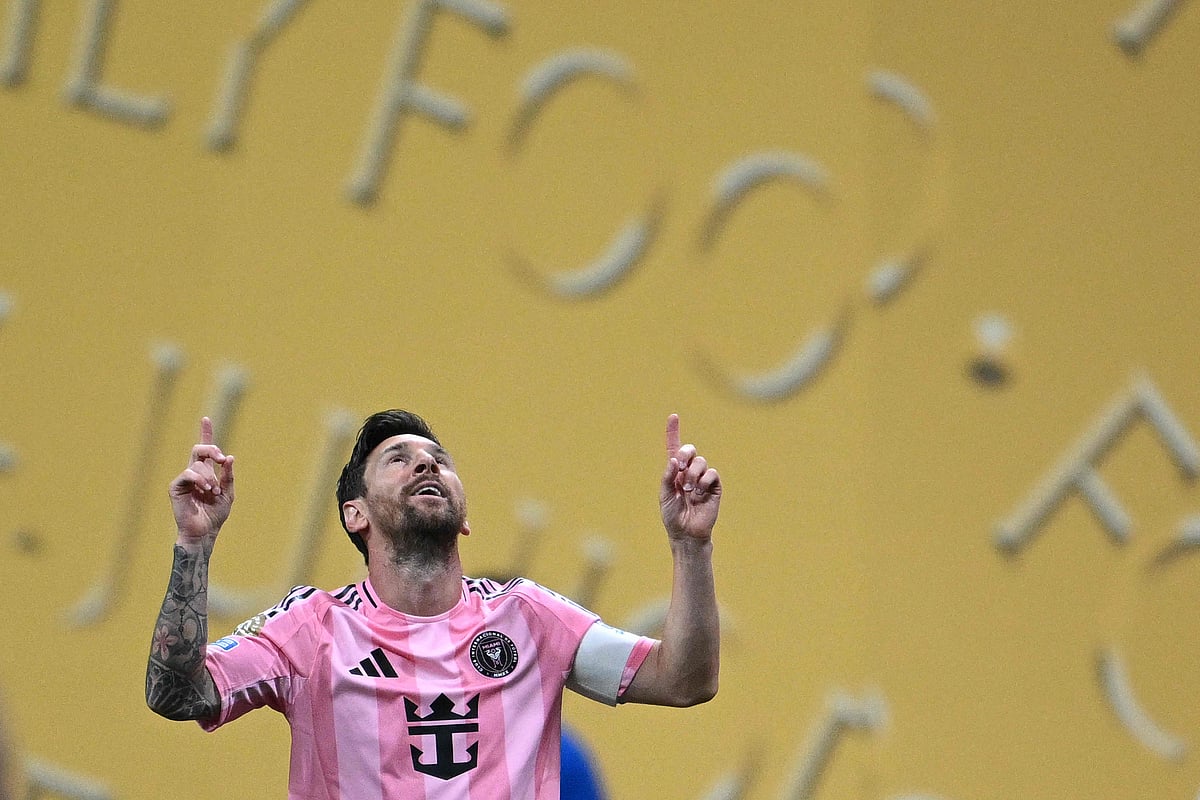 Inter Miami's Argentine forward #10 Lionel Messi celebrates after scoring a goal during the FIFA Club World Cup 2025 Group A football match between US Inter Miami and Portugal's FC Porto at the Mercedes-Benz stadium in Atlanta on 19 June, 2025.