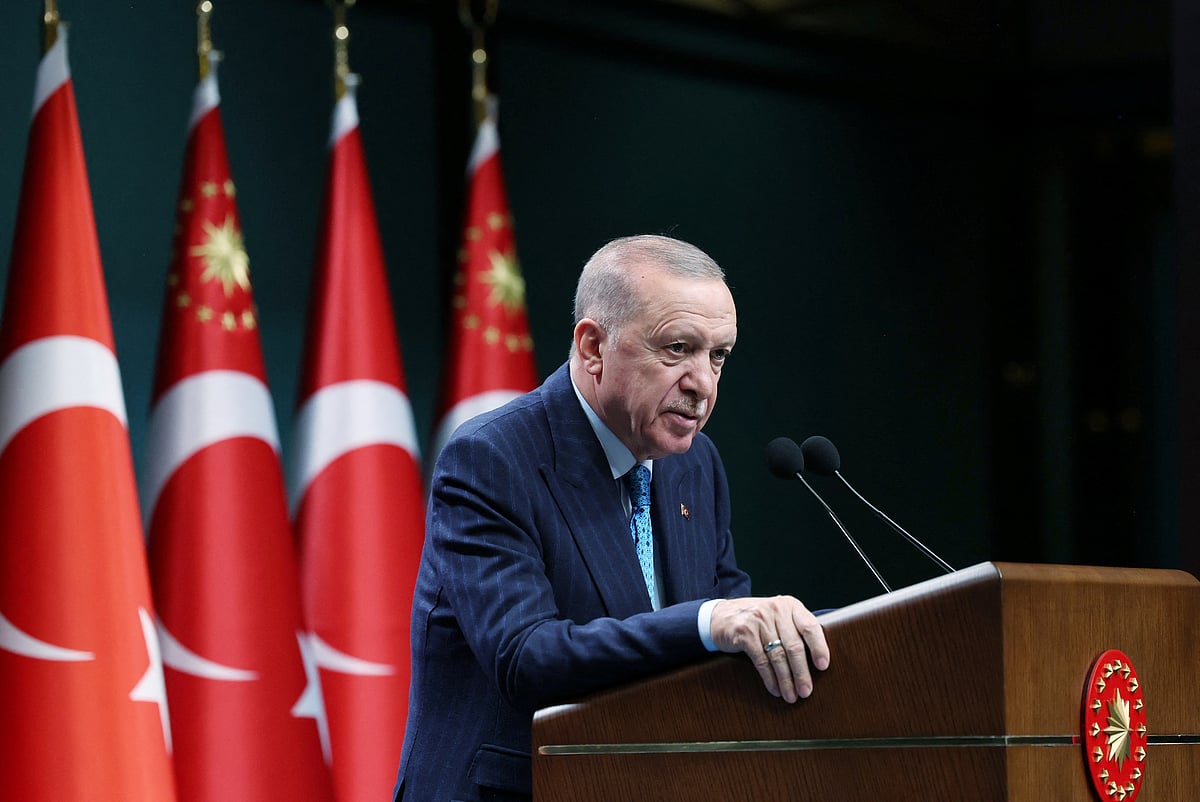 Turkish President Tayyip Erdogan speaks during a press conference following a cabinet meeting in Ankara, Turkey, 16 June 2025.