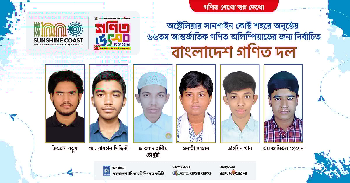 Selected members of the Bangladesh squad for 66th International Mathematical Olympiad. From left Jitendra Barua, Md Raihan Siddiquee, Jawad Hameem Chowdhury, Monamy Zaman, Tahsin Khan, and M Zamiul Hossain.