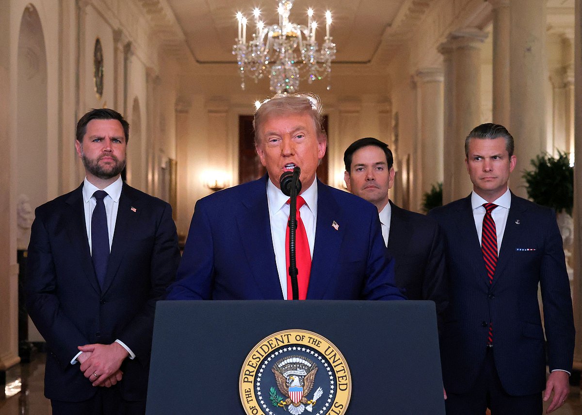 US President Donald Trump addresses the nation, alongside US Vice President JD Vance (L), US Secretary of State Marco Rubio (2nd R) and US Secretary of Defense Pete Hegseth (R), from the White House in Washington, DC on June 21, 2025, following the announcement that the US bombed nuclear sites in Iran.