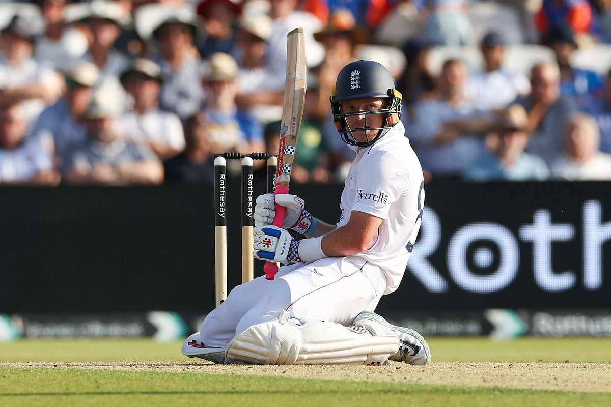 England's captain Ollie Pope reacts after batting on day two of the first cricket test match between England and India at Headingley cricket ground in Leeds, northern England on 21 June, 2025.