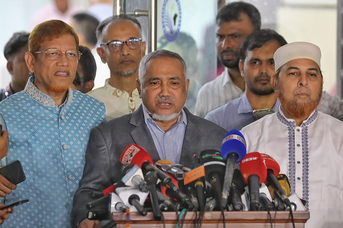 Jamaat's nayeb-e-ameer Syed Abdullah Mohammad Taher briefs journalists at the Foreign Service Academy in Dhaka on 22 June 2025.