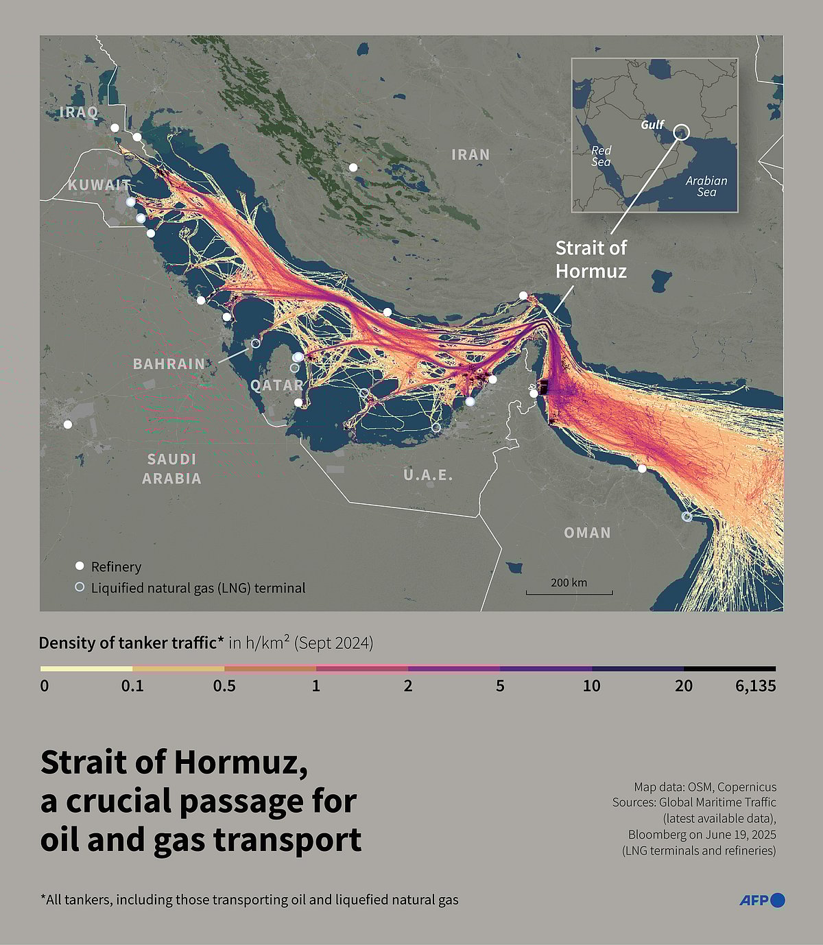 Infographic with map of the Gulf showing maritime tanker traffic in September 2024 through the Strait of Hormuz