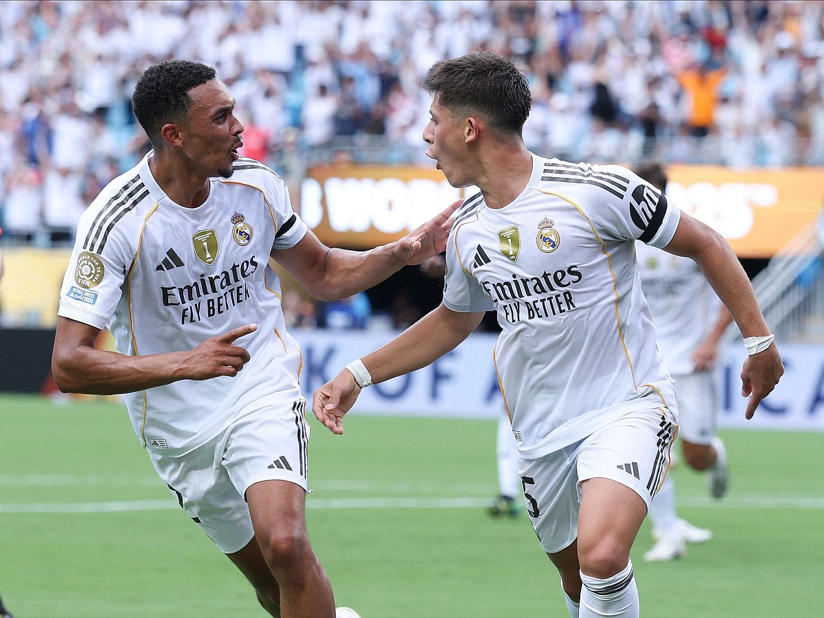 Arda Gueler #15 of Real Madrid C.F. celebrates scoring his team's second goal with teammate Trent Alexander-Arnold #12 during the FIFA Club World Cup 2025 group H match between Real Madrid CF and CF Pachuca at Bank of America Stadium on 22 June, 2025 in Charlotte, North Carolina.