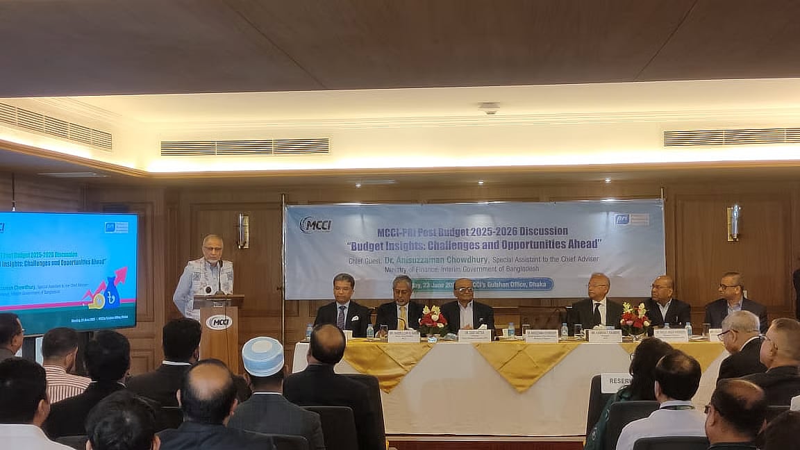 Anisuzzaman Chowdhury, special assistant (economic affairs) to Chief Adviser, speaks at a budget review meeting in Dhaka on 23 June 2025.