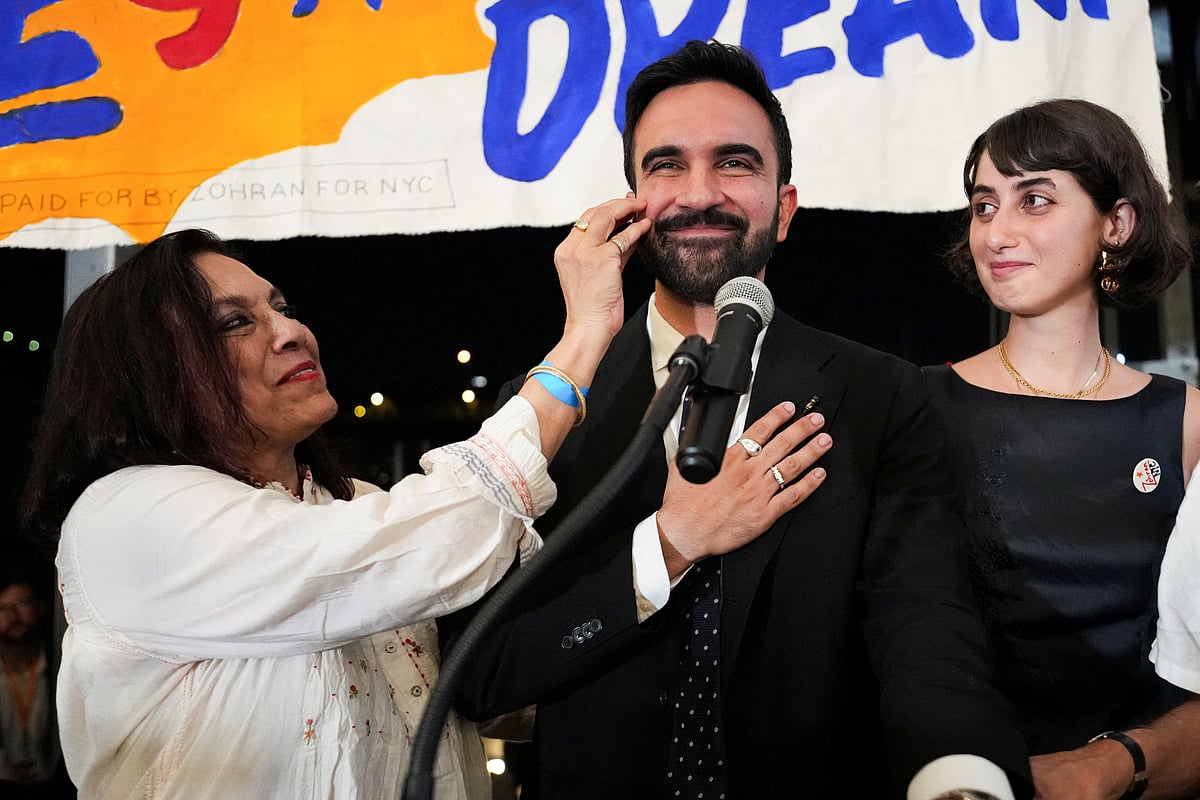 (L-R) Mira Nair, New York mayoral candidate, State Rep. Zohran Mamdani (D-NY) Rama Duwaji and Mahmood Mamdani celebrate on stage during an election night gathering at The Greats of Craft LIC on June 24, 2025 in the Long Island City neighborhood of the Queens borough in New York City.