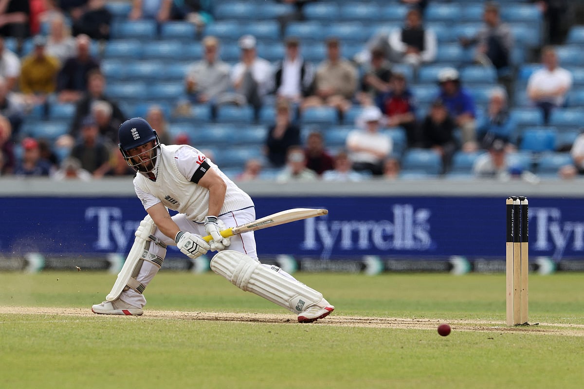 England’s Ben Duckett plays a shot on day five of the first cricket test match between England and India at Headingley cricket ground in Leeds, northern England on 24 June 2025