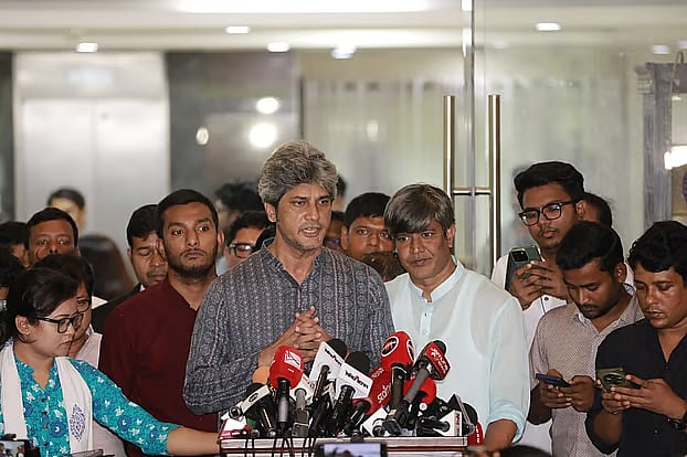 Zonaed Saki speaks to the media during a break in the political parties' meeting with the national consensus commission on 25 June, 2025.
