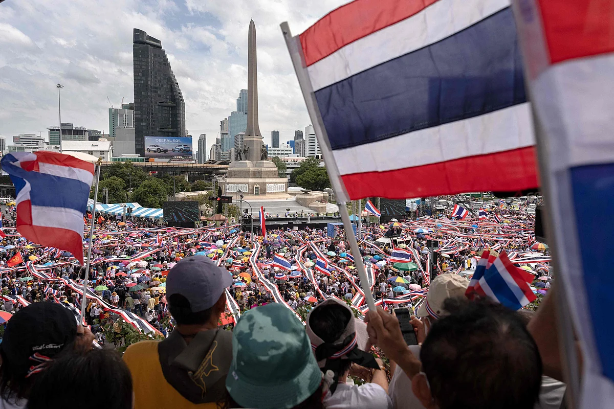 Anti-government protesters rally to demand the removal of Thailand's Prime Minister Paetongtarn Shinawatra from office at Victory Monument in Bangkok on 28 June 2025.