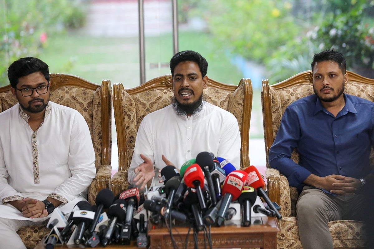National Citizen Party member secretary Akhtar Hosen talks to the media at Doel Hall of the Foreign Service Academy, Dhaka following a discussion with the National Consensus Commission on 29 June 2025