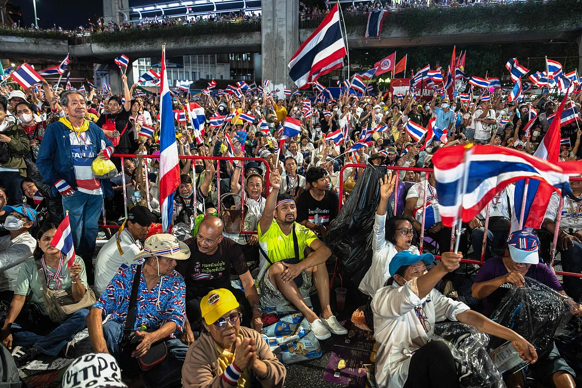 Anti-government protesters rally to demand the removal of Thailand's Prime Minister Paetongtarn Shinawatra from office at Victory Monument in Bangkok on June 28, 2025