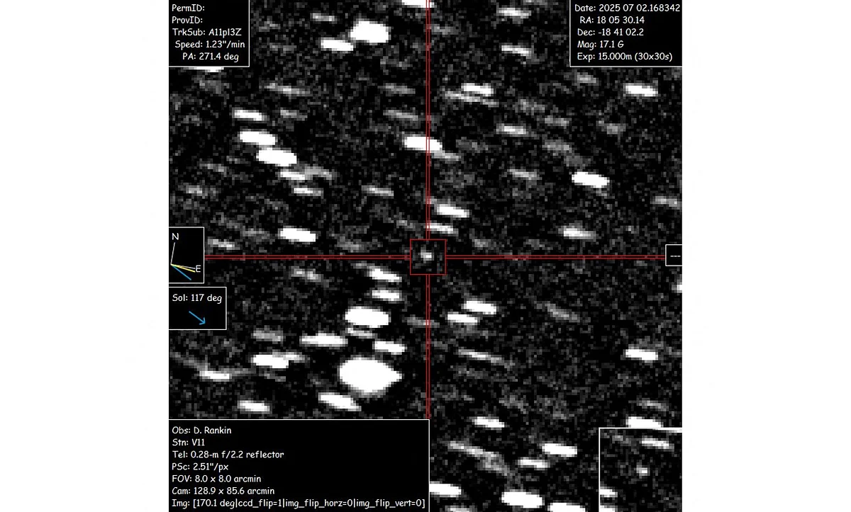 This image courtesy of David Rankin, Saguaro Observatory, shows interstellar object A11pI3Z captured on 2 June, 2025 by David Rankin, engineer at the Catalina Sky Survey at the University of Arizona.