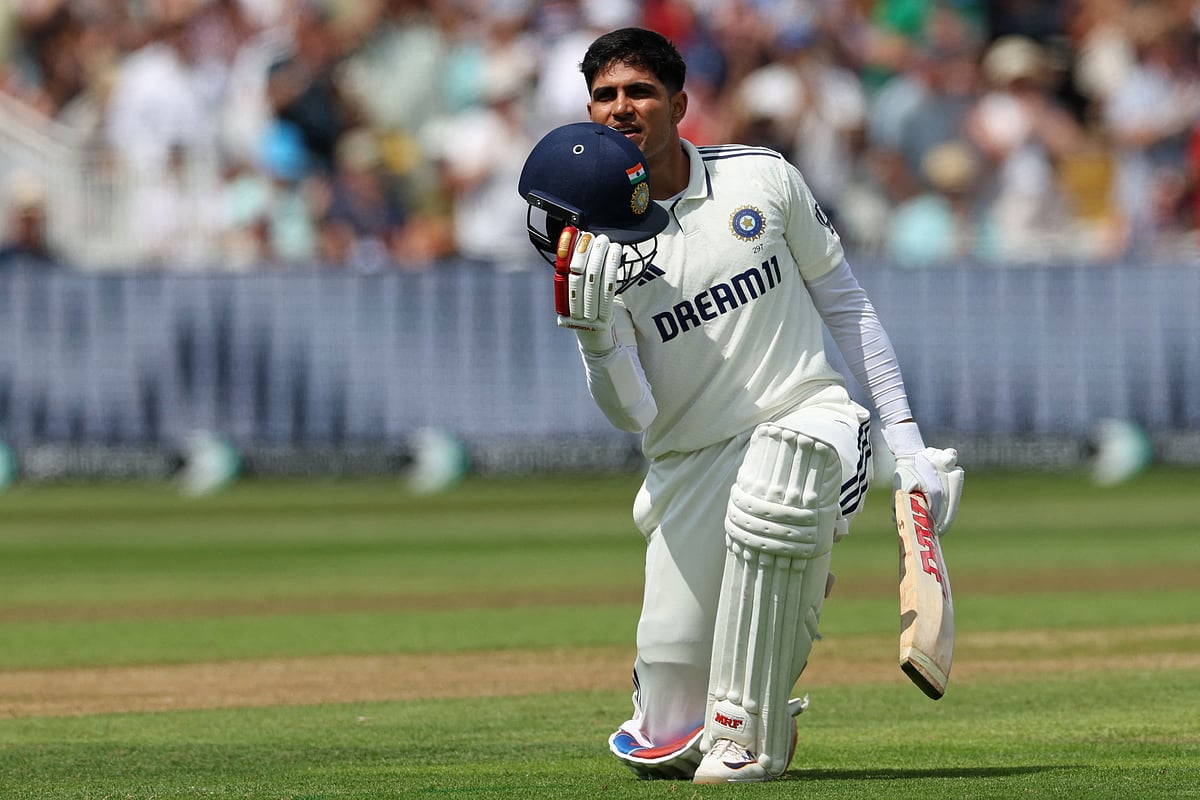 India's captain Shubman Gill reacts to reaching his double hundred on day two of the second cricket test match between England and India at Edgbaston cricket ground in Birmingham, central England on 3 July, 2025.