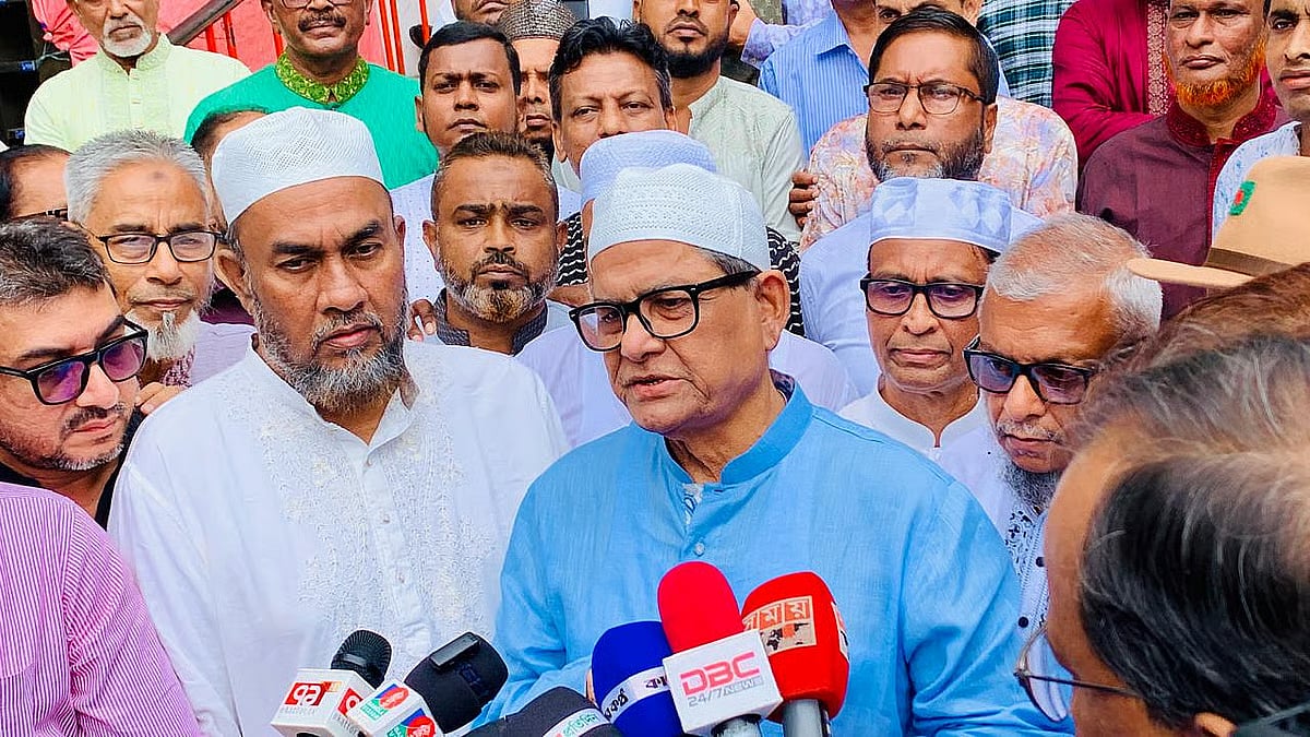BNP Secretary General Mirza Fakhrul Islam Alamgir speaks with journalists after paying respects at the shrine of Hazrat Shahjalal (R) in Sylhet on 7 July.