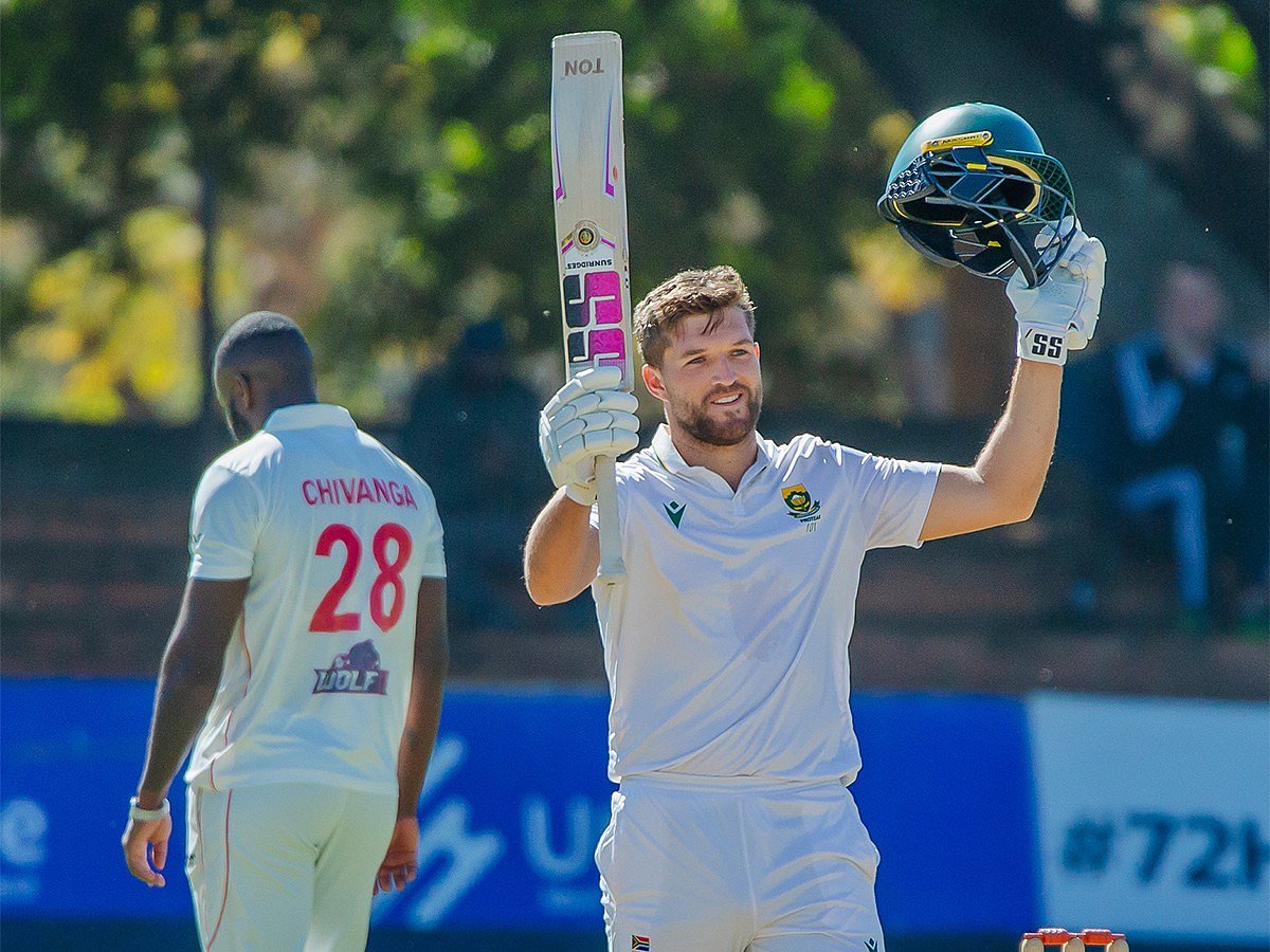 Wiaan Mulder celebrates his triple century in second Test match against Zimbabwe on 7 July 2025